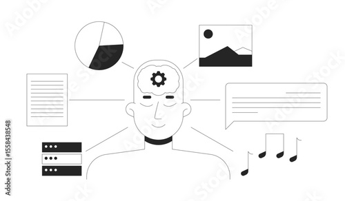 LLM training datasets line illustration concept. Large language model data inputs. Deep learning. AI brain cognitive processing outline 2D composition isolated. Ink linear metaphor vector art