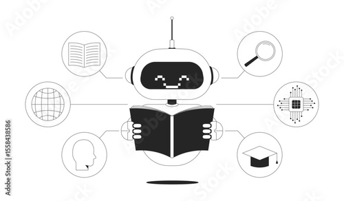 AI training line illustration concept. Machine learning, artificial intelligence tech. Algorithm improvement. Robot reading dataset outline 2D character isolated. Ink linear metaphor vector art