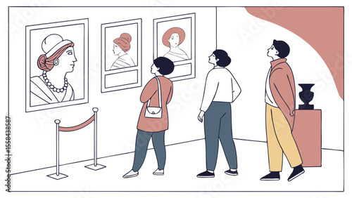 People admiring portrait paintings of women in hats at an art gallery with rope barrier and vase display