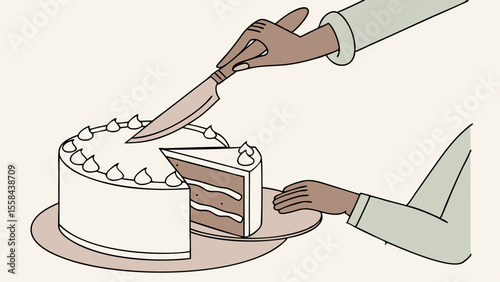 Illustration of a decorated cake being sliced with a knife and a slice being placed on a plate held by hands