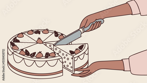 Illustration of a strawberry cake being sliced with a knife and held by hands on a light background