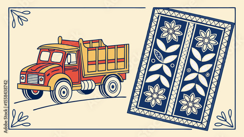 Illustration of a red and yellow truck next to a blue and white floral patterned rug in a frame