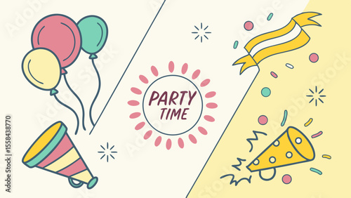 Illustration of party elements including balloons, confetti, and noisemakers on a split background