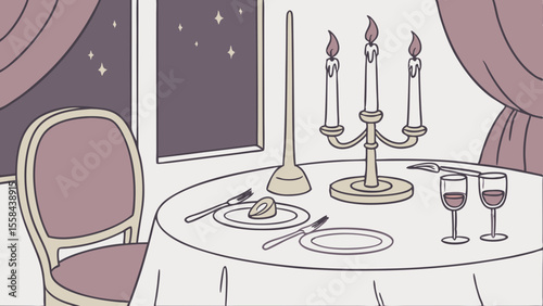 Illustration of a dining room scene with a table set for a formal dinner and a chair near a window