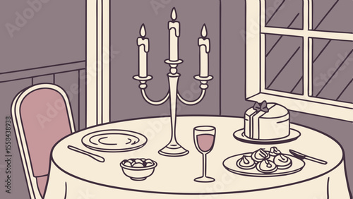 Illustration of a dining table set with a candelabra, cake, wine glass and various dishes in a room