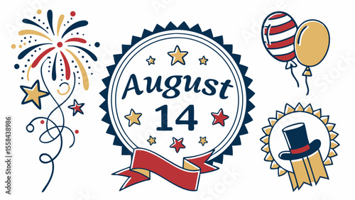 Celebration graphic with august fourteenth date, fireworks, balloons, and a top hat illustration design