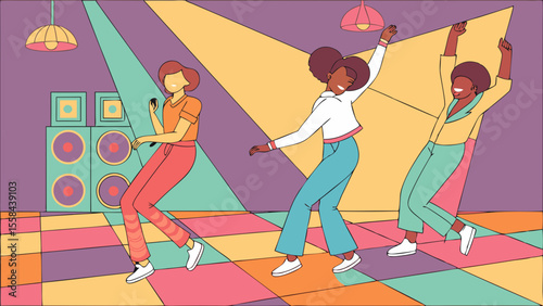 Three people dancing on a colorful dance floor with speakers and lights in the background in a club setting