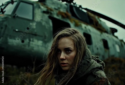 A young woman in rugged attire crouches near a weathered military helicopter, partially overgrown with vegetation, under overcast skies.