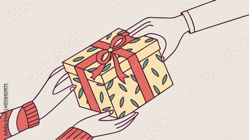 Hands exchanging a gift box decorated with leaves and tied with a red ribbon and bow illustration