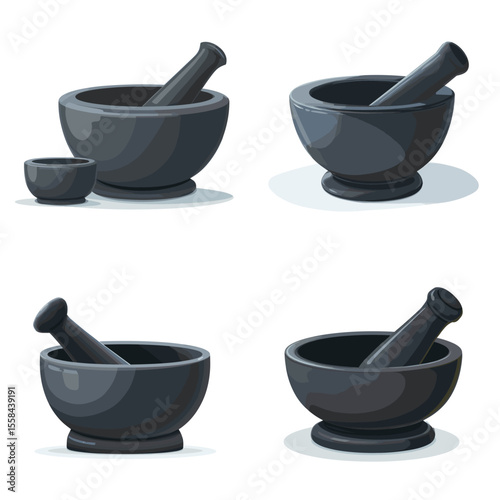 Set of dark stone mortar and pestles for grinding herbs and spices, ideal for kitchen tools, cooking, or herbal medicine themes.

