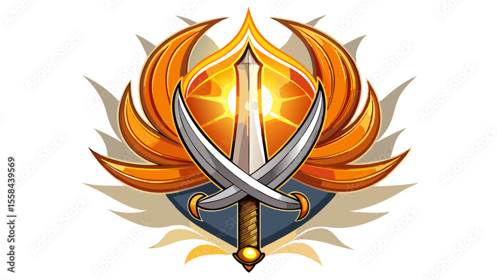 The Khanda sword emblem shines with metallic grace against a royal blue silk background, its edges catching diffused candlelight. Resting beside it, a ceremonial Sikh Kirpan glows softly, blade partia
