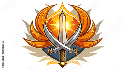 The Khanda sword emblem shines with metallic grace against a royal blue silk background, its edges catching diffused candlelight. Resting beside it, a ceremonial Sikh Kirpan glows softly, blade partia