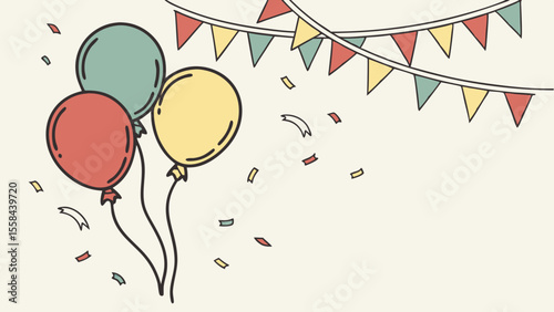 Illustration of three balloons with confetti and a banner of colorful flags hanging above them all around