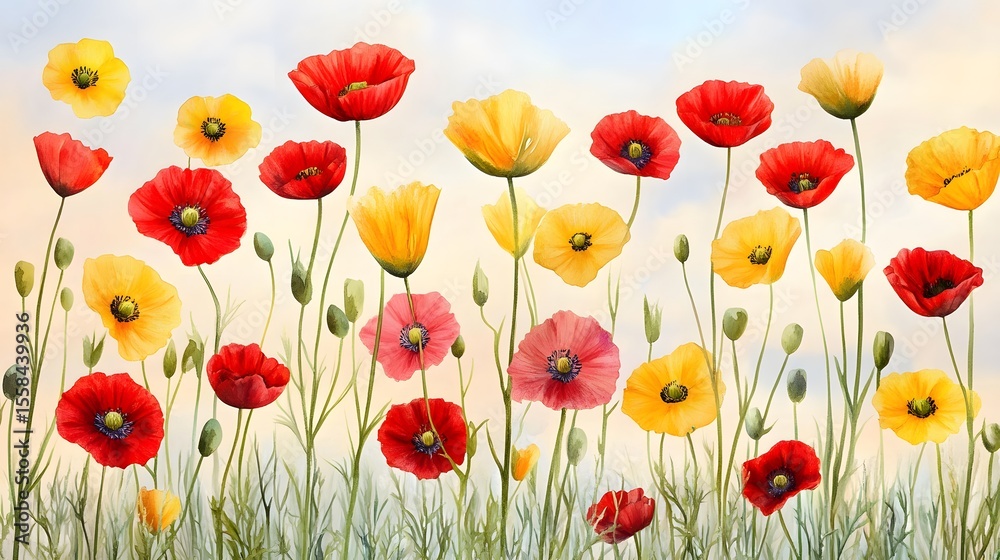 Obraz premium Watercolor Red and Yellow Poppies Meadow Summer Flowers