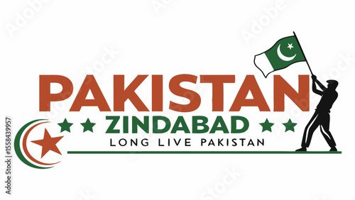 Illustration of pakistan zindabad text with flag and silhouette of a person holding the flag high up