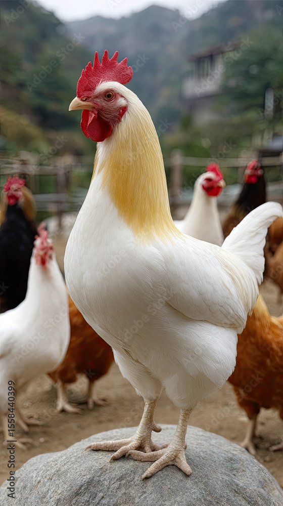 Fototapeta premium Close-up view of chickens on rocks at farm showcasing vibrant feathers and farm setting in ultra-detailed, cinematic quality
