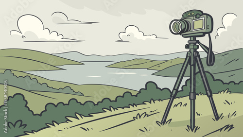 Camera on a tripod overlooking a scenic landscape with rolling hills and a body of water under a cloudy sky