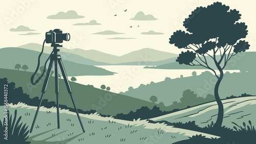 A camera on a tripod overlooking a scenic landscape with mountains, lake, tree, and birds in the sky