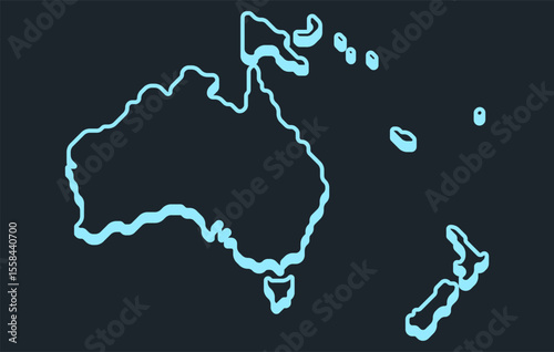 Stylized dark isometric map of the continent of Oceania in a simple style