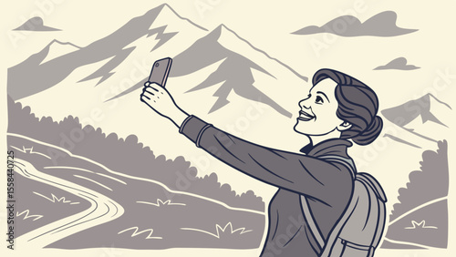 Woman taking a selfie on a mountain trail with backpack and mountain range in the background landscape
