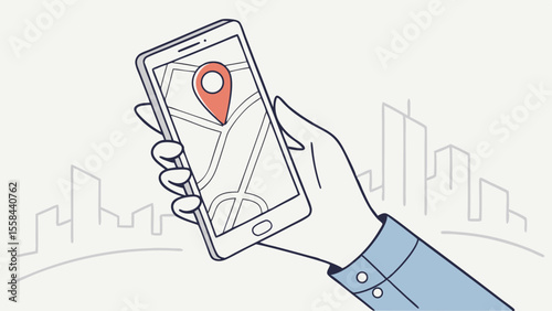 Hand holding smartphone displaying map with red location pin and city skyline in the background view