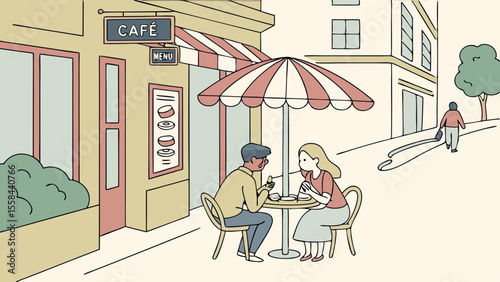 Couple sitting at outdoor cafe under striped umbrella with menu board and passerby on street view