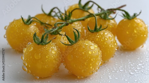 Freshly washed yellow cherry tomatoes glisten with water droplets against a backdrop of vibrant vegetables in a cinematic composition