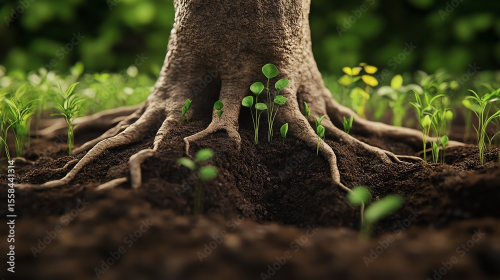 Fototapeta premium Tree roots nurturing small plants in rich soil.