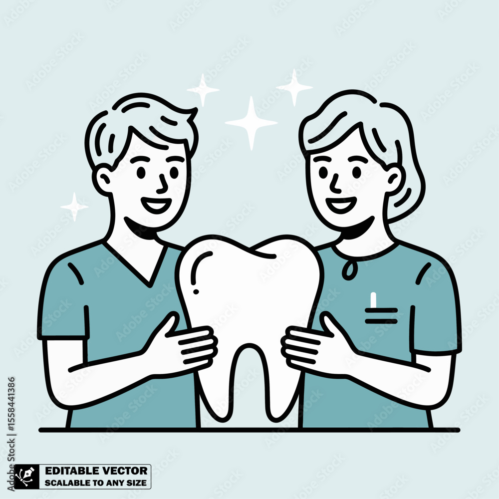 Dentist team holding tooth illustration for dental care and oral hygiene concept vector drawing design Dentist team holding tooth illustration for dental care and oral hygiene concept vector drawing design
