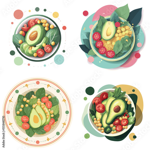 Healthy avocado salad with fresh greens, cherry tomatoes, chickpeas, and spinach in a decorative style. Ideal for health, vegan, and food concept illustrations.


