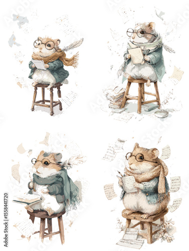 Whimsical watercolor illustration of a hamster writer sitting on a stool with paper and pen, portraying creativity, storytelling, and imagination in a charming way.

