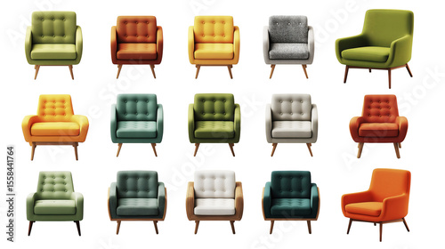 Collection of colorful mid century modern upholstered armchairs, wooden legs and button tufted backs, vintage retro furniture design, transparent background.