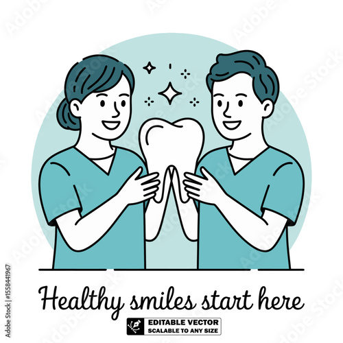 Dentist team holding tooth illustration for dental care and oral hygiene concept vector drawing design