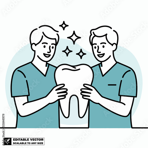 Dentist team holding tooth illustration for dental care and oral hygiene concept vector drawing design