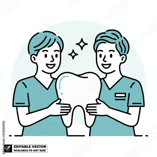 Dentist team holding tooth illustration for dental care and oral hygiene concept vector drawing design