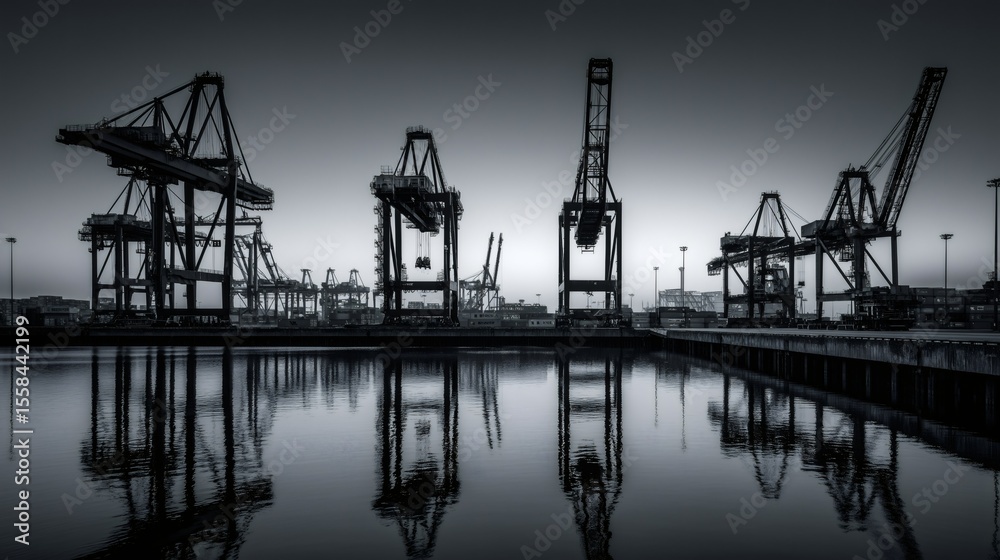 Obraz premium Cranes tower over a tranquil harbor as dusk settles, reflecting their shapes in the still water, creating a dramatic contrast of shadows and light in an industrial setting