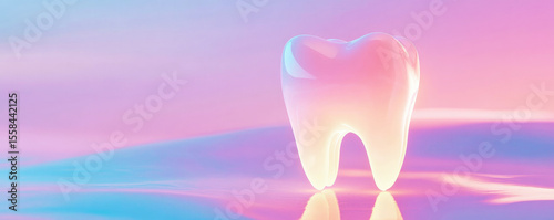 Wallpaper Mural Glossy 3D tooth model on iridescent background, symbolizing dental health, hygiene and futuristic aesthetic in modern oral care and medical design concept. Torontodigital.ca