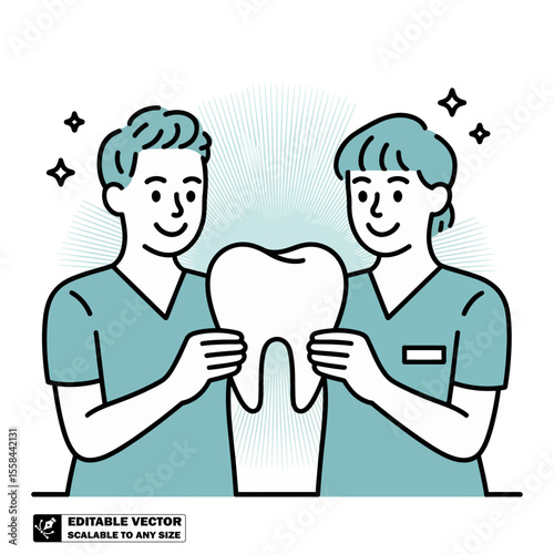 Dentist team holding tooth illustration for dental care and oral hygiene concept vector drawing design