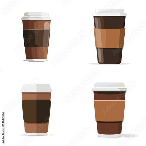 Minimal vector illustration of takeaway coffee cups with lids and sleeves in various shades of brown, ideal for café branding, menu design, and beverage promotions.

