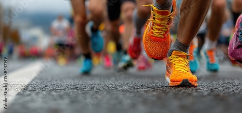 Fototapeta Naklejka Na Ścianę i Meble -  Athletes running a marathon on a city street, wearing colorful running shoes, competing in a sports event