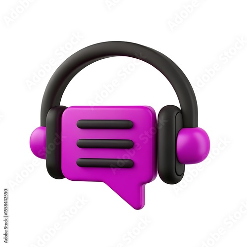 3d purple chat bubble with headphones icon isolated on white background