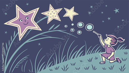 Illustration of a girl blowing bubbles towards smiling stars in a night sky with grass and foliage