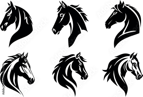 Set of black horse icons on white background, minimalist vector silhouettes representing farm animals, agriculture, strength and rural lifestyle design