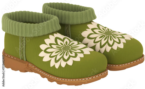 Green winter slippers with knitted ankle cuffs and floral design on top isolated on transparent background.