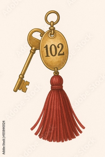 Vintage hotel key with red tassel and room number
