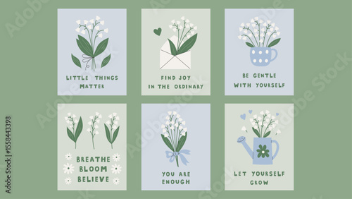 Motivational Phrase Floral Posters Set. Inspirational Self Love and Care Vertical Banners with handwritten lettering and Lily of the Valley Flowers. Vector illustration
