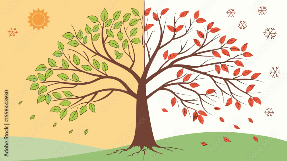 Obraz premium Illustration of a tree depicting summer and autumn with leaves, sun and snowflakes in the background