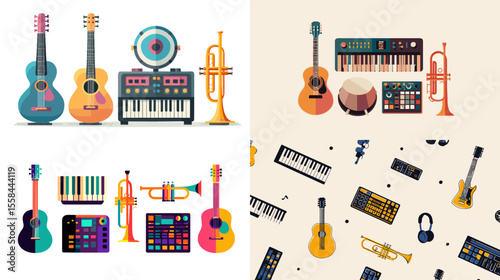 Stylized flat vector illustration of musical instruments like guitars, keyboards, trumpets, and drums for music, band, or concert design projects and promotional materials.

