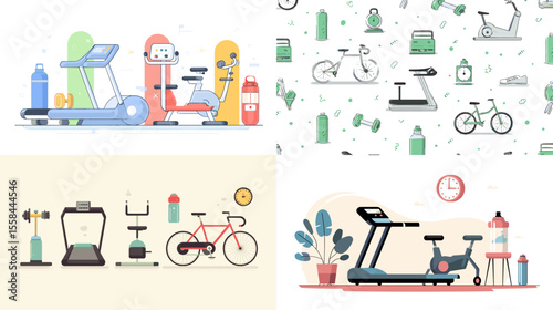 Flat vector illustration of gym and fitness equipment including treadmill, stationary bike, weights, water bottles, and exercise icons for training and wellness content.

