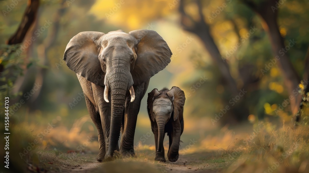 Fototapeta premium A mother elephant guiding her calf through a dense forest.